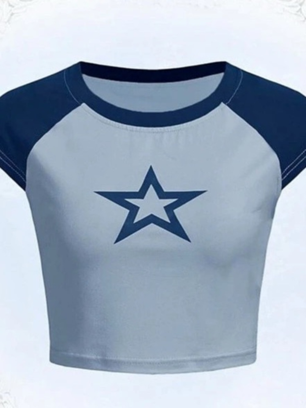 ROMWE NWT Women's Small Star Print Blue Contrast Raglan Cropped Tee